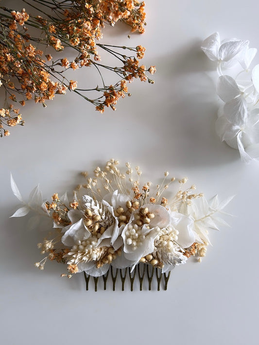 Peigne fleuri blanc-pêche /M